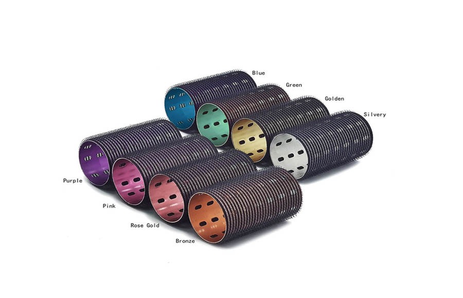 Pantone-customized electroplated metal hair rollers in salon styling set with brand color consistency guarantee