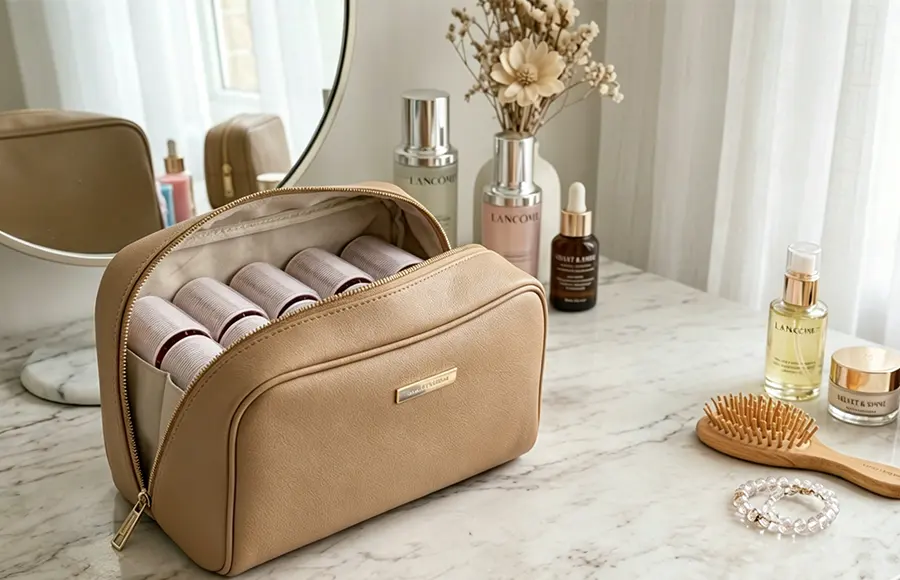 Wholesale Velcro hair rollers organized in a tan PU leather cosmetic bag set for professional hair styling.